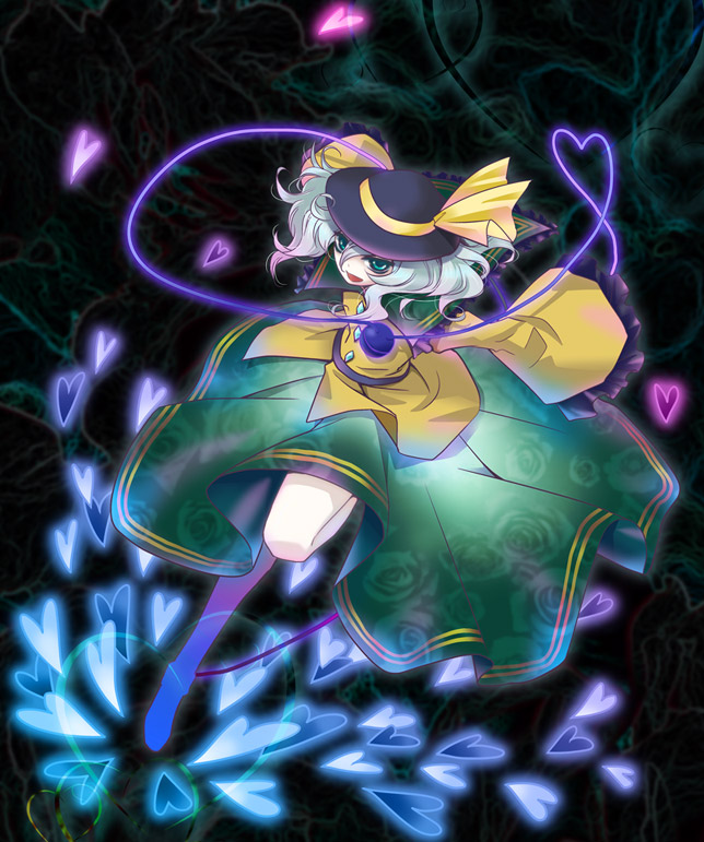 er (servererror), komeiji koishi, touhou, silver hair, bad id, bad pixiv id, 1girl, female focus, green eyes, hat, heart, heart of string, short hair, solo