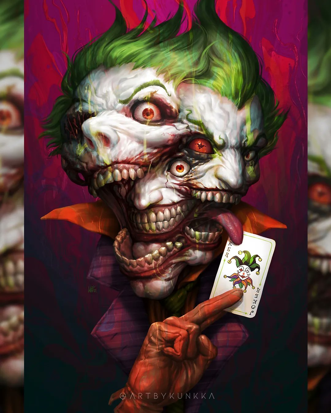 kunkka, the joker, batman (series), dc comics, comic cover, commentary, english commentary, highres, official art, 1boy, abstract, bloodshot eyes, body horror, card, clown, colored sclera, colored skin, disembodied hand, gloves, green hair, grin, holding, holding card, horror (theme), joker (playing card), male focus, open mouth, playing card, purple background, red eyes, red gloves, red lips, red sclera, short hair, smile, solo, surreal, teeth, tongue, tongue out, twitter username, upper body, white skin, wide-eyed
