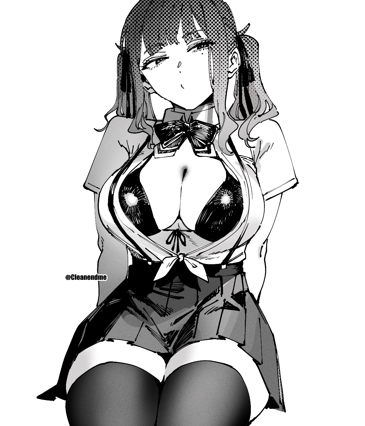otimusyairoha, natsuki karin, cevio, synthesizer v, commentary, highres, arm behind back, bow, bowtie, bra, breasts, cleavage, collared shirt, dated commentary, front-tie bra, greyscale, halftone, large breasts, mole, mole under eye, monochrome, partially unbuttoned, pleated skirt, shirt, shirt tucked in, short sleeves, sideways glance, skirt, suspender skirt, suspenders, thighhighs, twintails, twitter username, underwear, zettai ryouiki