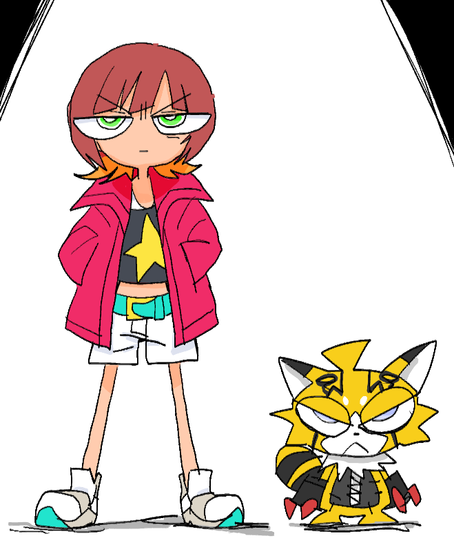 pristimon, sakuya reina, digimon, digimon beatbreak, digimon (creature), hikolow, jacket, looking at viewer, serious, short hair, star (symbol)