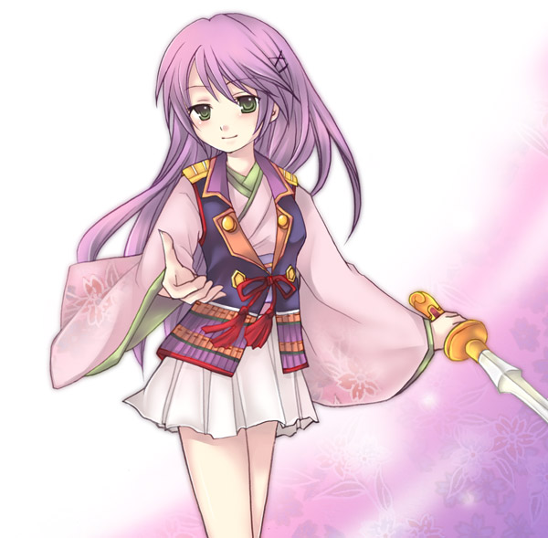 kuratsuka riko, kasuga nozomi, harukanaru toki no naka de, 00s, green eyes, hair ornament, hairclip, long hair, purple hair, smile, solo, sword, weapon