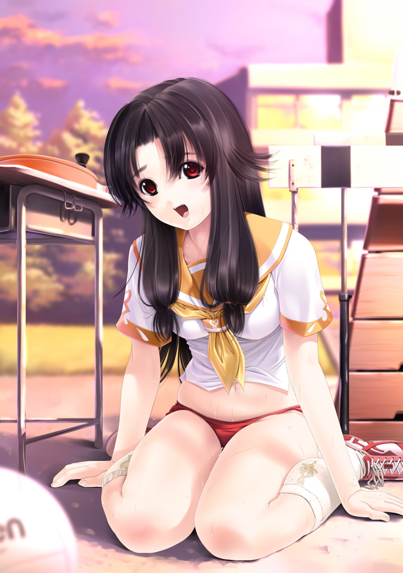 sumomo kpa, original, bad id, bad pixiv id, 1girl, brown hair, buruma, female focus, gym uniform, kneehighs, kneeling, long hair, looking at viewer, midriff, nature, outdoors, red eyes, school uniform, sky, socks, solo, sweat