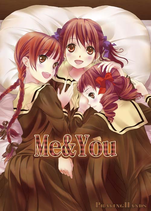 iizuka ena, fukuzawa yumi, matsudaira touko, shimazu yoshino, maria-sama ga miteru, bad tag, 00s, 3girls, :d, blush, bow, braid, brown hair, drill hair, english text, hair bow, hair ribbon, hand on another's head, hime cut, long hair, lying, multiple girls, open mouth, pillow, pleated skirt, profile, red hair, ribbon, school uniform, serafuku, short hair, skirt, smile, twin braids, twintails