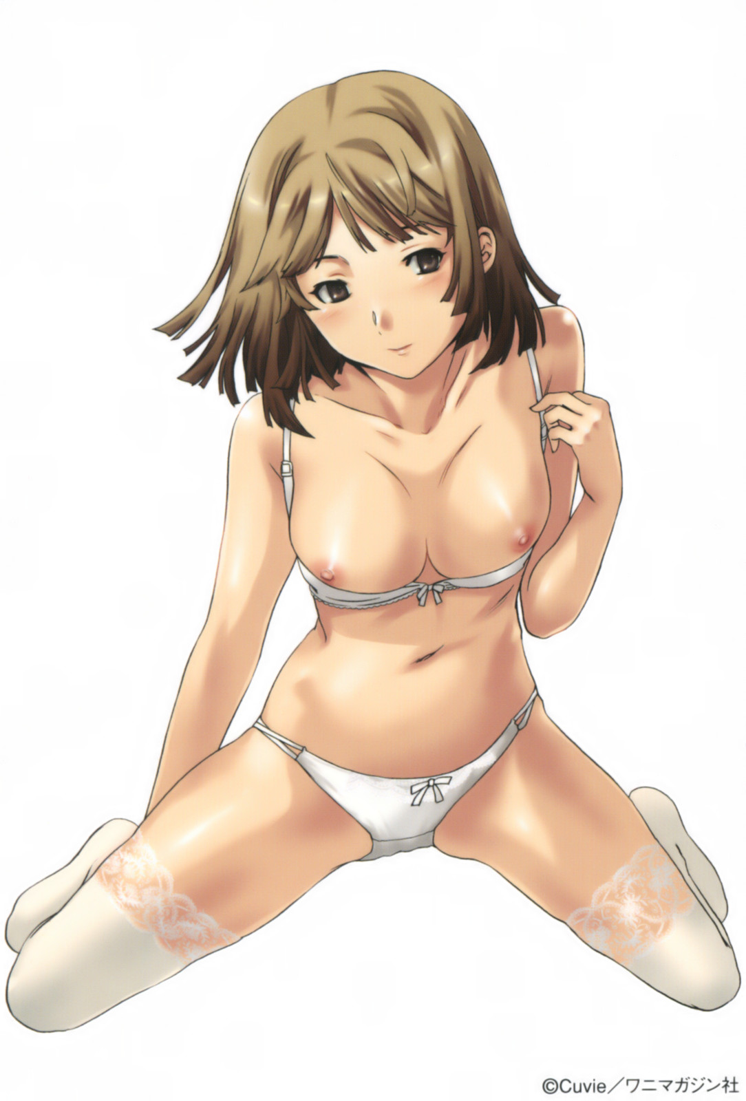 cuvie, original, highres, 1girl, breasts, brown eyes, brown hair, female focus, large breasts, lingerie, nipples, panties, short hair, simple background, solo, thighhighs, underwear, white panties