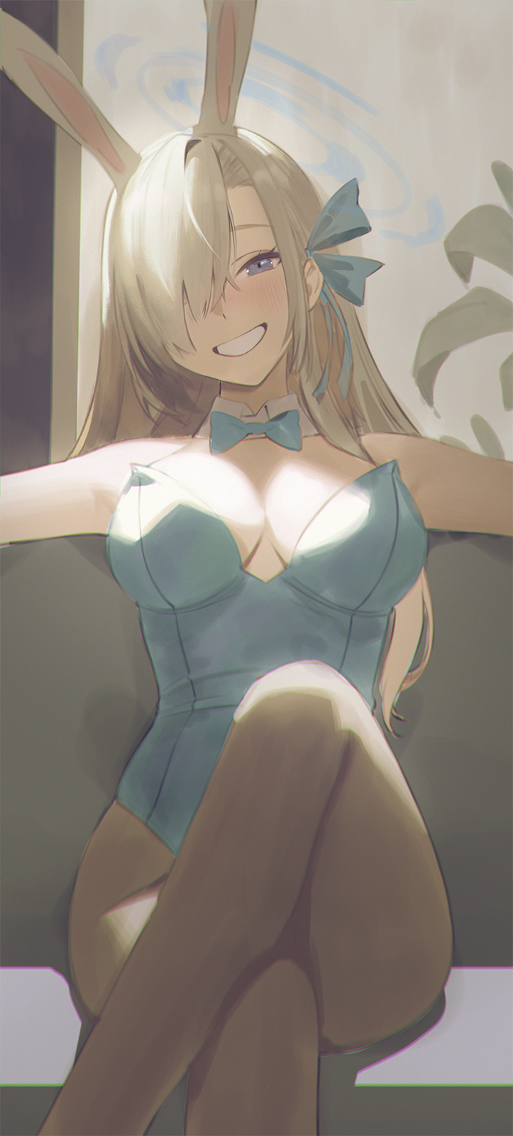 pokoporoko, asuna (blue archive), asuna (bunny) (blue archive), blue archive, highres, 1girl, animal ear hairband, animal ears, bare shoulders, blonde hair, blue bow, blue bowtie, blue eyes, blue halo, blue leotard, blush, bow, bowtie, breasts, collarbone, crossed legs, detached collar, fake animal ears, grin, hair over one eye, hair ribbon, hairband, halo, large breasts, leotard, long hair, looking at viewer, pantyhose, playboy bunny, rabbit ear hairband, rabbit ears, ribbon, smile, solo, very long hair