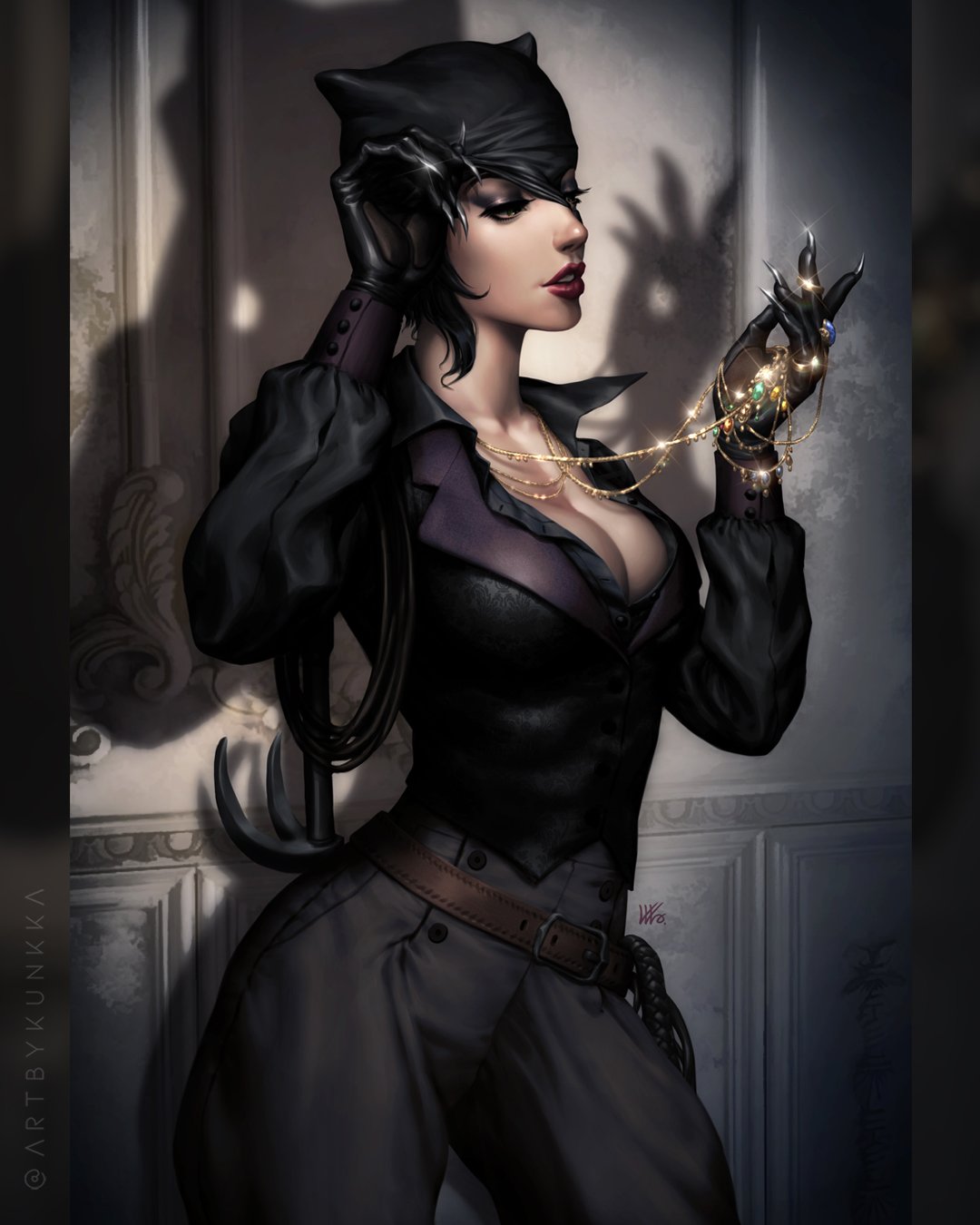 kunkka, catwoman, selina kyle, batman (series), dc comics, comic cover, commentary, english commentary, highres, official art, 1girl, animal ears, belt, black eyeshadow, black gloves, black hair, black mask, black pants, black shirt, blouse, breasts, brown belt, cat ears, cleavage, cowboy shot, eyeshadow, fake animal ears, gloves, grappling hook, holding, holding jewelry, holding necklace, jewelry, large breasts, looking at object, makeup, mask lift, necklace, official alternate costume, pants, parted lips, red lips, shadow, shirt, short hair, solo, twitter username, victorian, whip