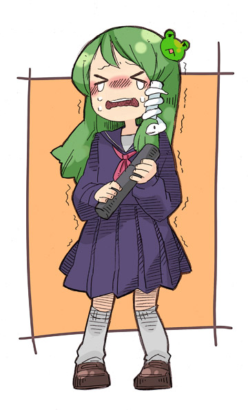 ebi (daidalwave), kochiya sanae, touhou, bad id, bad pixiv id, > <, 1girl, alternate costume, closed eyes, female focus, frog, full body, graduation, green hair, hair ornament, long hair, school uniform, serafuku, snake, solo, tears, trembling