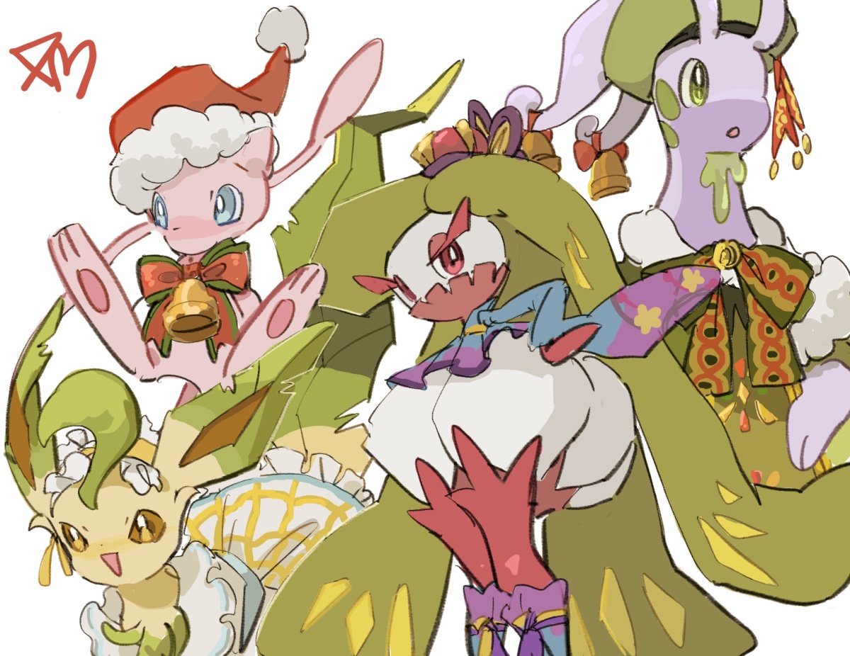 cc8nw42u15apug0, goodra, goodra (holiday), leafeon, leafeon (checkered), mew (holiday) (pokemon), mew (pokemon), tsareena, nintendo, pokemon, pokemon unite, commentary request, 1girl, bell, blue eyes, brown eyes, colored skin, gen 1 pokemon, gen 4 pokemon, gen 6 pokemon, gen 7 pokemon, green eyes, green hair, hat, japanese clothes, kimono, legendary pokemon, monster girl, mythical pokemon, open mouth, pink eyes, pink skin, plant girl, pokemon (creature), ribbon, santa hat, simple background, smile, tsareena (kimono), white background, white skin