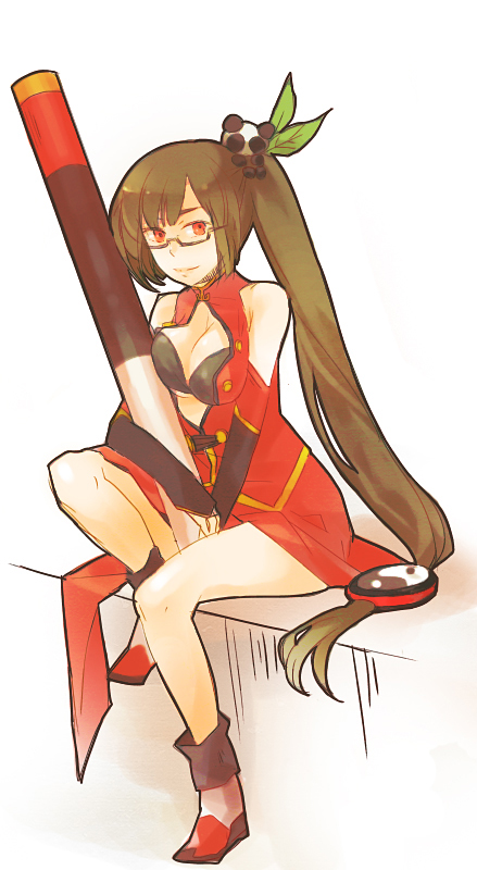 erenko, lao jiu, litchi faye ling, arc system works, blazblue, blazblue: calamity trigger, 1girl, breasts, cleavage, cleavage cutout, clothing cutout, female focus, glasses, long hair, medium breasts, orange eyes, panda, ponytail, side ponytail, solo, staff