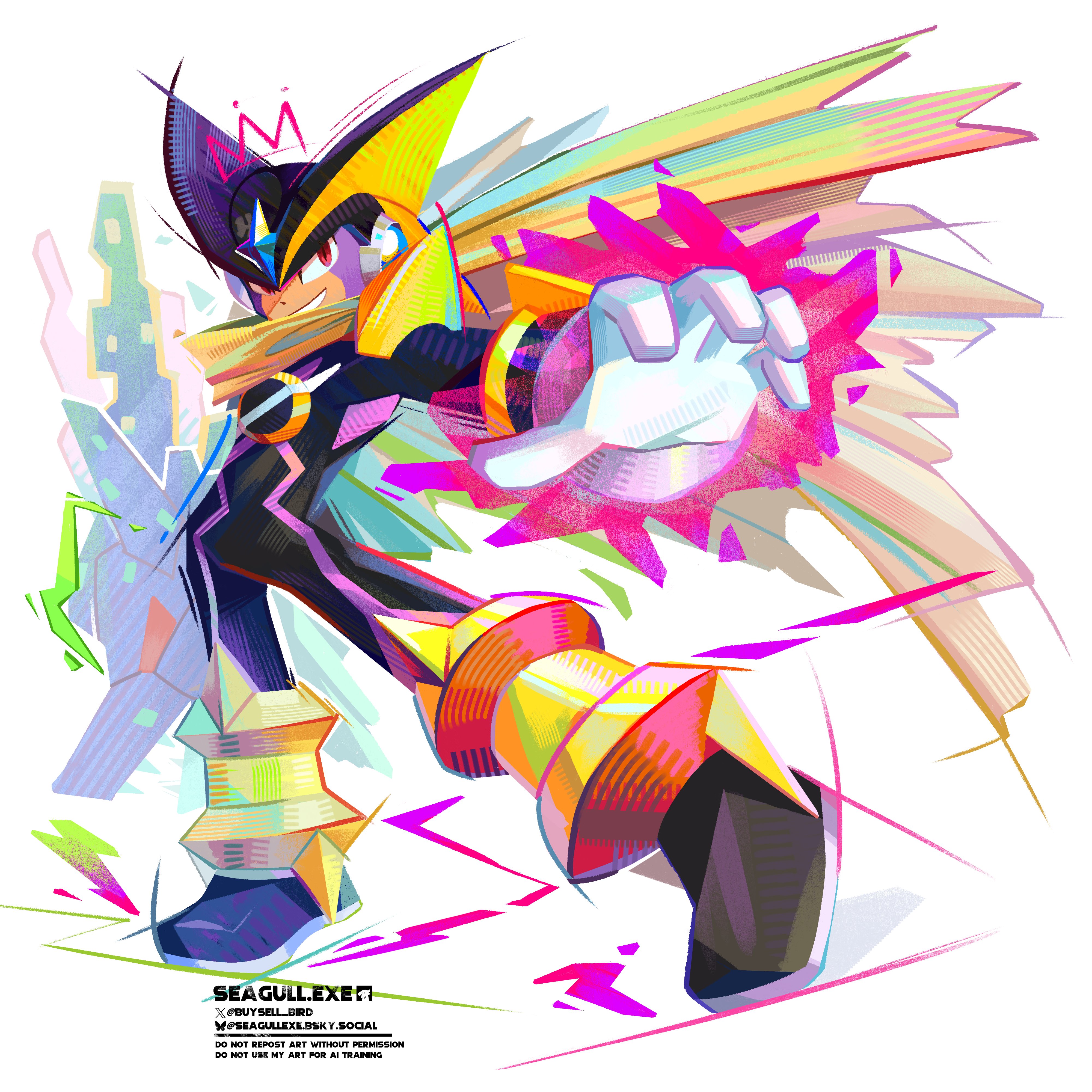buysell bird, bass.exe (mega man), mega man (series), mega man battle network (series), mega man battle network 3, absurdres, highres, 1boy, black bodysuit, black helmet, bodysuit, brown cloak, cloak, facial mark, fins, forehead jewel, full body, gloves, head fins, helmet, netnavi, red eyes, simple background, solo, white background