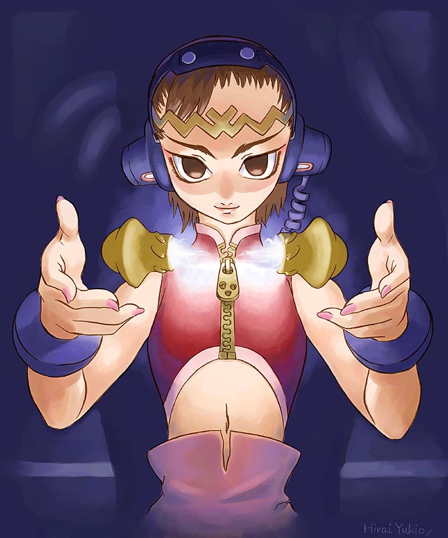 hirai yukio, original, archived source, bad link, 1girl, artist name, asymmetrical bangs, bare arms, bare shoulders, blue background, bracelet, brown eyes, brown hair, cable, circlet, closed mouth, collared vest, dark background, electricity, english text, eyelashes, fingerless gloves, flat chest, floating, floating object, gloves, gold circlet, headphones, high collar, jewelry, lips, long eyebrows, mandarin collar, midriff, nail polish, narrow waist, navel, no pupils, nostrils, open hands, partially shaded face, pink nails, pink skirt, pink trim, red vest, science fiction, short bangs, skinny, skirt, smile, solo, straight hair, symmetry, upper body, vest, zipper, zipper pull tab