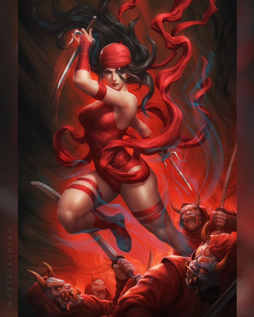 kunkka, elektra natchios, elektra, marvel, commentary, english commentary, 1girl, 4others, arm strap, bandana, black eyes, black hair, boots, breasts, bridal gauntlets, fighting, floating clothes, floating hair, holding, holding sword, holding weapon, hood, hoodie, horned mask, large breasts, leotard, looking down, mask, multiple others, oni mask, red bandana, red boots, red bridal gauntlets, red hoodie, red leotard, red lips, red nails, red sash, red theme, sai (weapon), sash, solo focus, sword, thigh strap, twitter username, waist sash, weapon