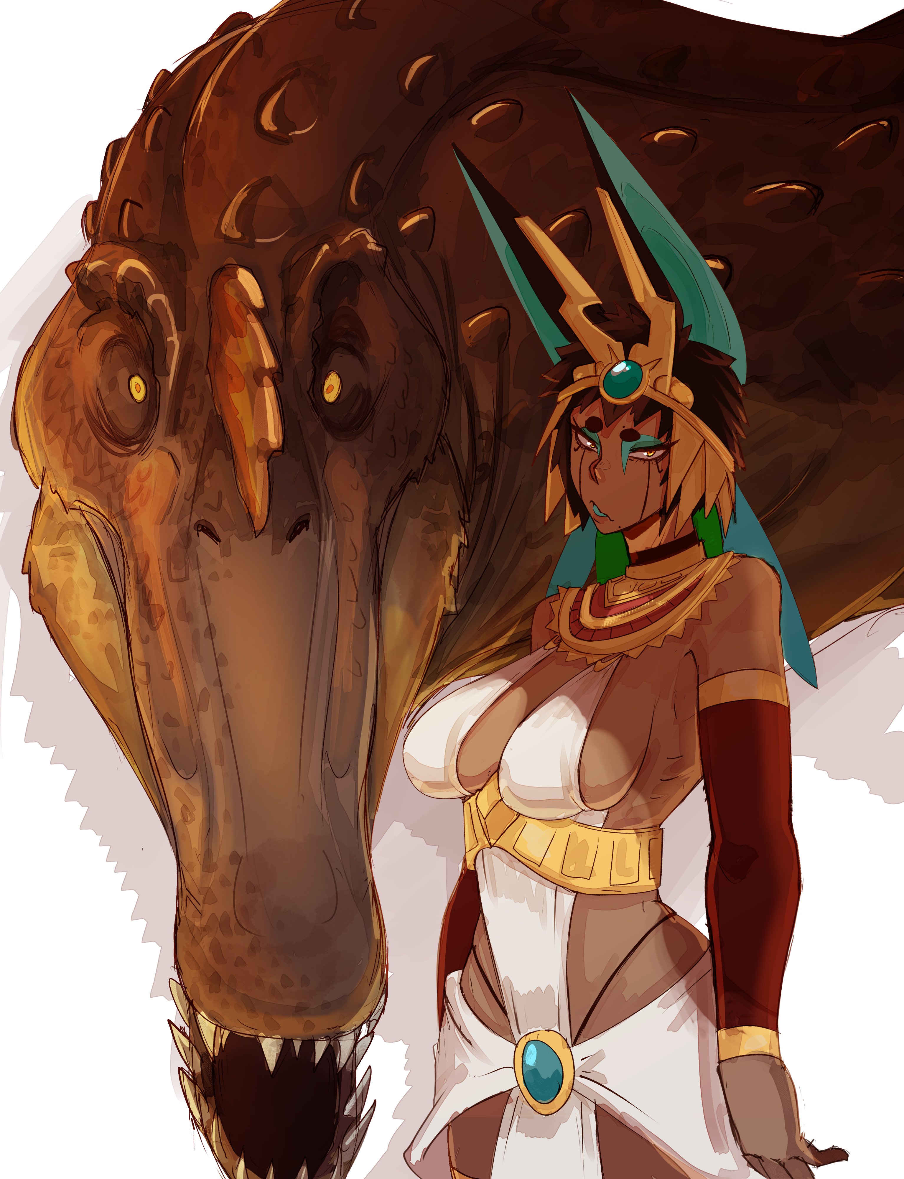 cupperexe, egyptian mythology, original, absurdres, highres, 1girl, ammit, ancient egyptian clothes, animal ears, armlet, black hair, blue eyeshadow, blue lips, breasts, cat ears, cleavage, dalilah (cupperexe), dark-skinned female, dark skin, eyeliner, eyeshadow, gold, hair ornament, jewelry, large breasts, lipstick, looking at viewer, makeup, simple background, white background