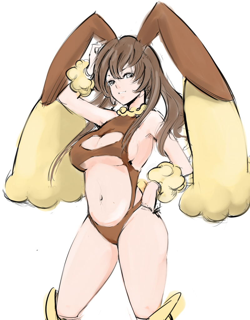 xinjing, lopunny, nintendo, pokemon, bad id, bad pixiv id, 1girl, animal ears, breasts, brown hair, cleavage, cleavage cutout, clothing cutout, curvy, female focus, gen 4 pokemon, grin, hand on own hip, hip focus, large breasts, leotard, long hair, midriff, navel, personification, rabbit ears, rabbit tail, revealing clothes, sideboob, simple background, smile, solo, tail, underboob, white background
