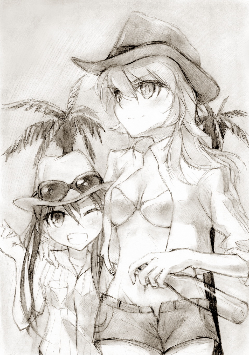 kisetsu, charlotte e. yeager, francesca lucchini, strike witches, world witches series, bad id, bad pixiv id, highres, traditional media, 00s, 2girls, black hair, bottle, bra, breasts, casual, cleavage, hat, lingerie, long hair, lowleg, medium breasts, midriff, monochrome, multiple girls, navel, one eye closed, open clothes, open shirt, sepia, shirt, short shorts, shorts, sketch, sleeves pushed up, sleeves rolled up, small breasts, smile, sunglasses, tree, twintails, underwear, wink