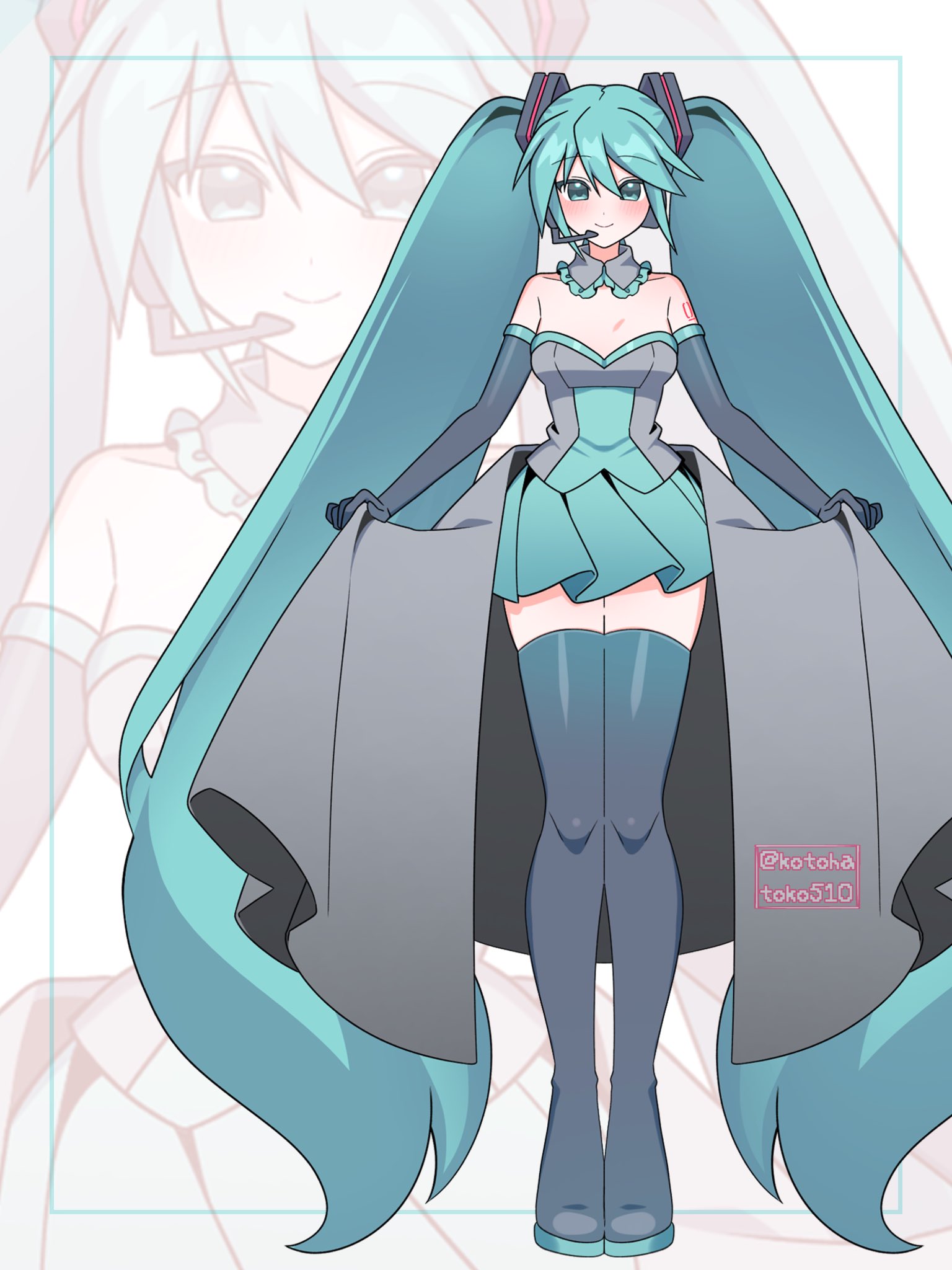 kotohatoko510, hatsune miku, vocaloid, absurdly long hair, alternate costume, breasts, long hair, small breasts, twintails, very long hair