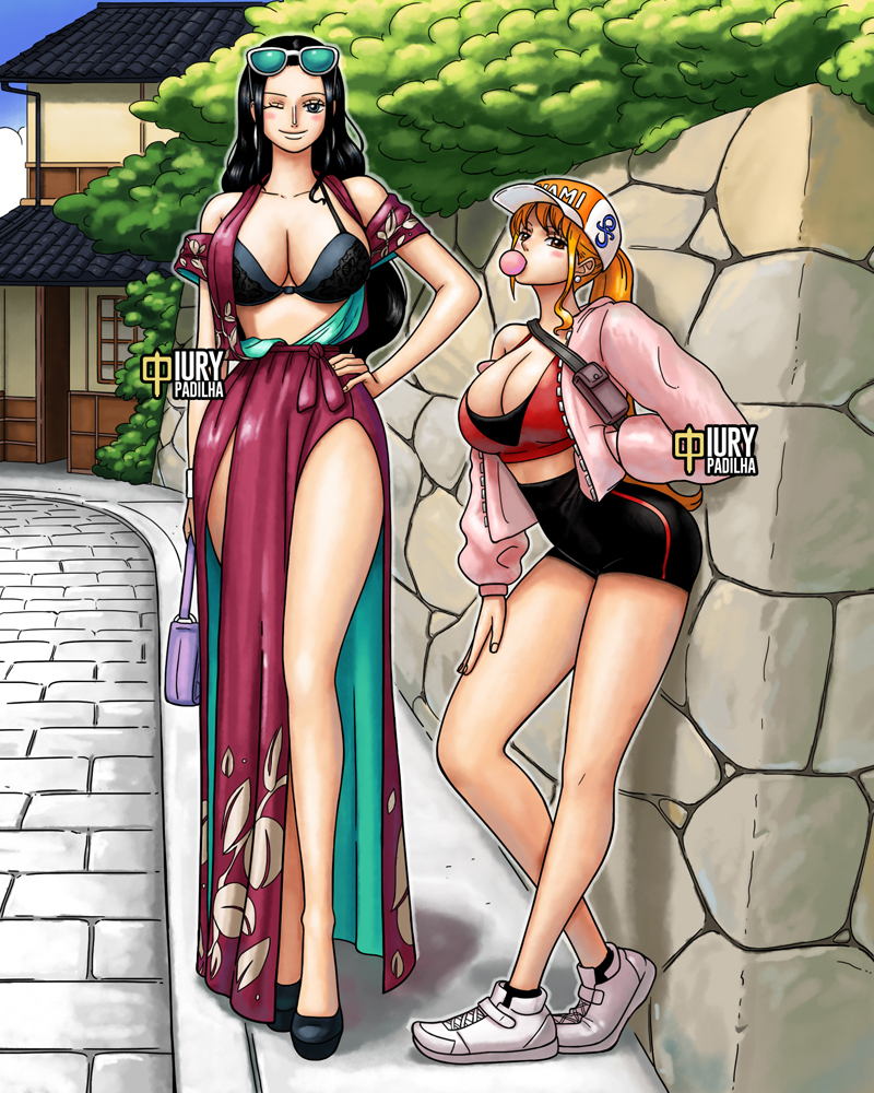 iury padilha, nami (one piece), nico robin, one piece, 2girls, bag, bare legs, blush, breasts, cleavage, curvy, earrings, female focus, full body, hand in pocket, hand on own hip, handbag, height difference, jewelry, large breasts, long hair, looking at viewer, multiple girls, one eye closed, orange hair, ponytail, sarong, sunglasses, tall female, wink
