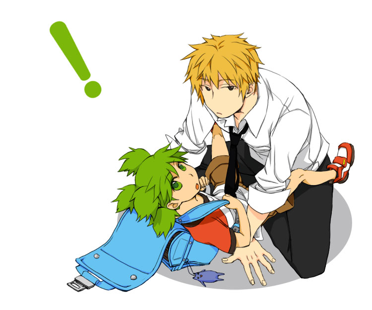 gacha-pinn126, koiwai yotsuba, mihama chiyo's father, yanda, yotsubato!, bad id, bad pixiv id, !, 1boy, 1girl, backpack, bag, blonde hair, child, green eyes, green hair, necktie, quad tails, randoseru, shirt