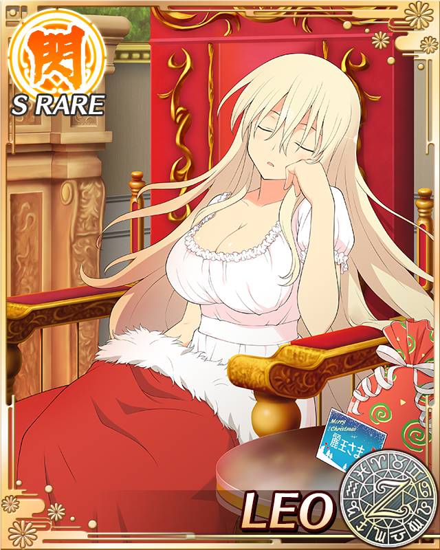 leo (senran kagura), senran kagura, senran kagura new wave, 1girl, aquarius (symbol), aries (symbol), arm support, blanket, blonde hair, blush, border, breasts, cancer (symbol), capricorn (symbol), card (medium), character name, christmas card, christmas present, cleavage, closed eyes, dodecagram, dress, english text, flower-trimmed dress, fur trim, gemini (symbol), gift, hair between eyes, indoors, large breasts, leo (symbol), libra (symbol), long hair, looking at viewer, merry christmas, parted lips, pisces (symbol), puffy short sleeves, puffy sleeves, purple eyes, sagittarius (symbol), school emblem, scorpio (symbol), shiny skin, short sleeves, sitting on throne, sleeping, solo, taurus (symbol), under covers, very long hair, virgo (symbol), white dress, zodiac wheel