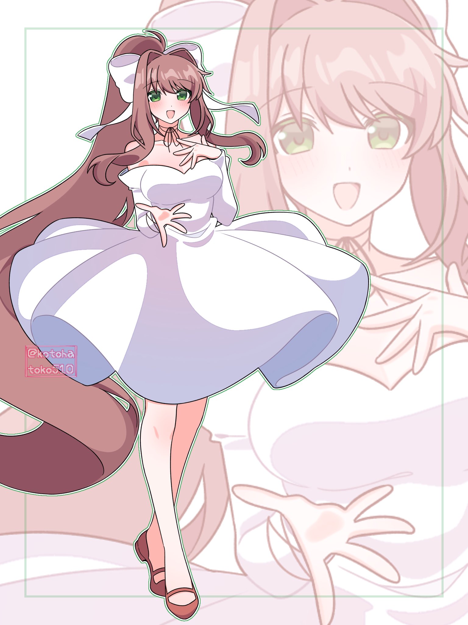 kotohatoko510, monika (doki doki literature club), doki doki literature club, 1girl, absurdly long hair, alternate costume, breasts, dress, long hair, medium breasts, ponytail, very long hair