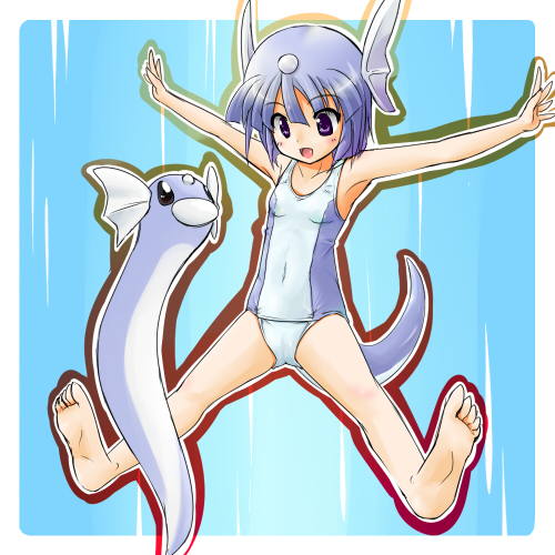tenjou ryuka, dratini, moemon, nintendo, pokemon, lowres, 1990s (style), 1girl, barefoot, blue hair, cameltoe, creature and personification, feet, flat chest, gen 1 pokemon, loli, one-piece swimsuit, personification, pokemon (creature), purple eyes, retro artstyle, school swimsuit, short hair, soles, swimsuit, tail, toes