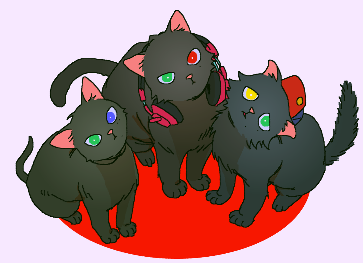 iria59, yamada ichiro, yamada jiro, yamada saburo, hypnosis mic, commentary request, animal focus, animalization, baseball cap, black fur, blue eyes, bright pupils, brothers, buster bros!!!, cat, from above, green eyes, hat, head tilt, headphones, headphones around neck, heterochromia, jewelry, looking at viewer, mole, mole under eye, mole under mouth, multiple moles, necklace, parted lips, red eyes, shadow, siblings, simple background, tail, tareme, tsurime, white background, white pupils, yellow eyes