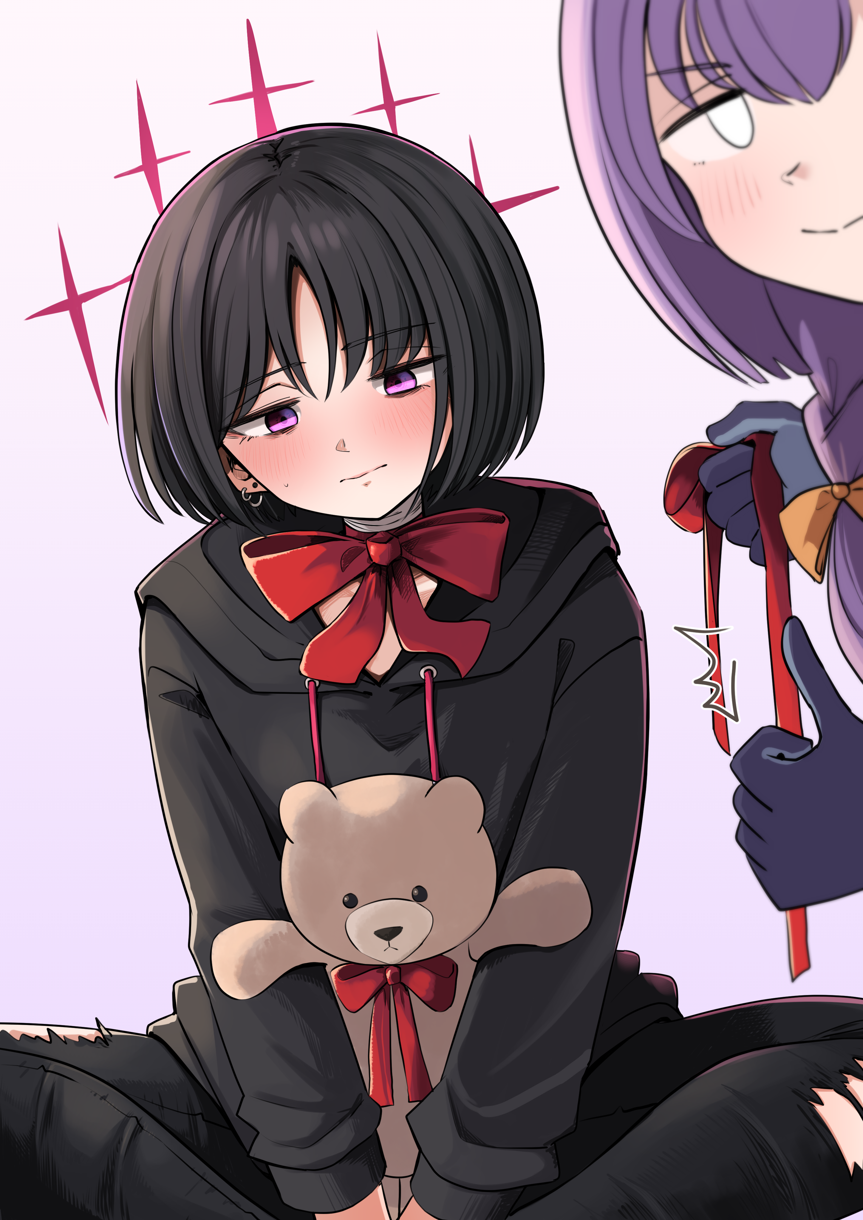 coralreef966, atsuko (blue archive), misaki (blue archive), blue archive, absurdres, commentary request, highres, 2girls, averting eyes, bandaged neck, bandages, black hair, black hoodie, black pants, blank eyes, blush, bow, butterfly sitting, closed mouth, ear piercing, embarrassed, gloves, gradient background, halo, holding, holding ribbon, hood, hoodie, multiple girls, pants, piercing, purple background, purple eyes, purple gloves, purple hair, red bow, red halo, ribbon, short hair, sitting, stuffed animal, stuffed toy, teddy bear, thumbs up, torn clothes, torn pants