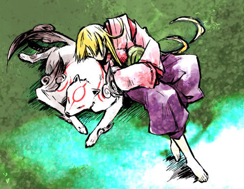 amaterasu (ookami), ushiwakamaru (ookami), ookami (game), lowres, 1boy, animal, blonde hair, grass, hakama, hakama skirt, japanese clothes, long hair, male focus, nature, plant, skirt, sleeping, solo, wolf
