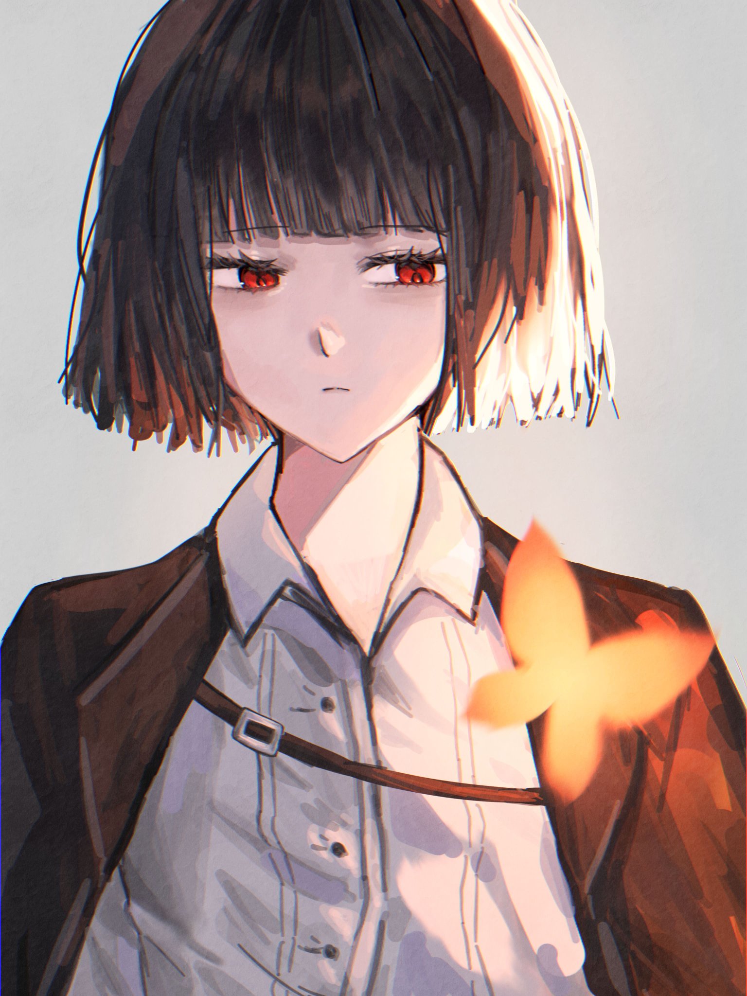 ryoshu (project moon), limbus company, project moon, commentary, highres, symbol-only commentary, 1girl, black hair, black jacket, blunt bangs, blunt ends, bug, butterfly, closed mouth, collared shirt, insect, jacket, light frown, open clothes, open jacket, orange butterfly, ranyo0680, red eyes, red pupils, shirt, short hair, solo, upper body, white shirt