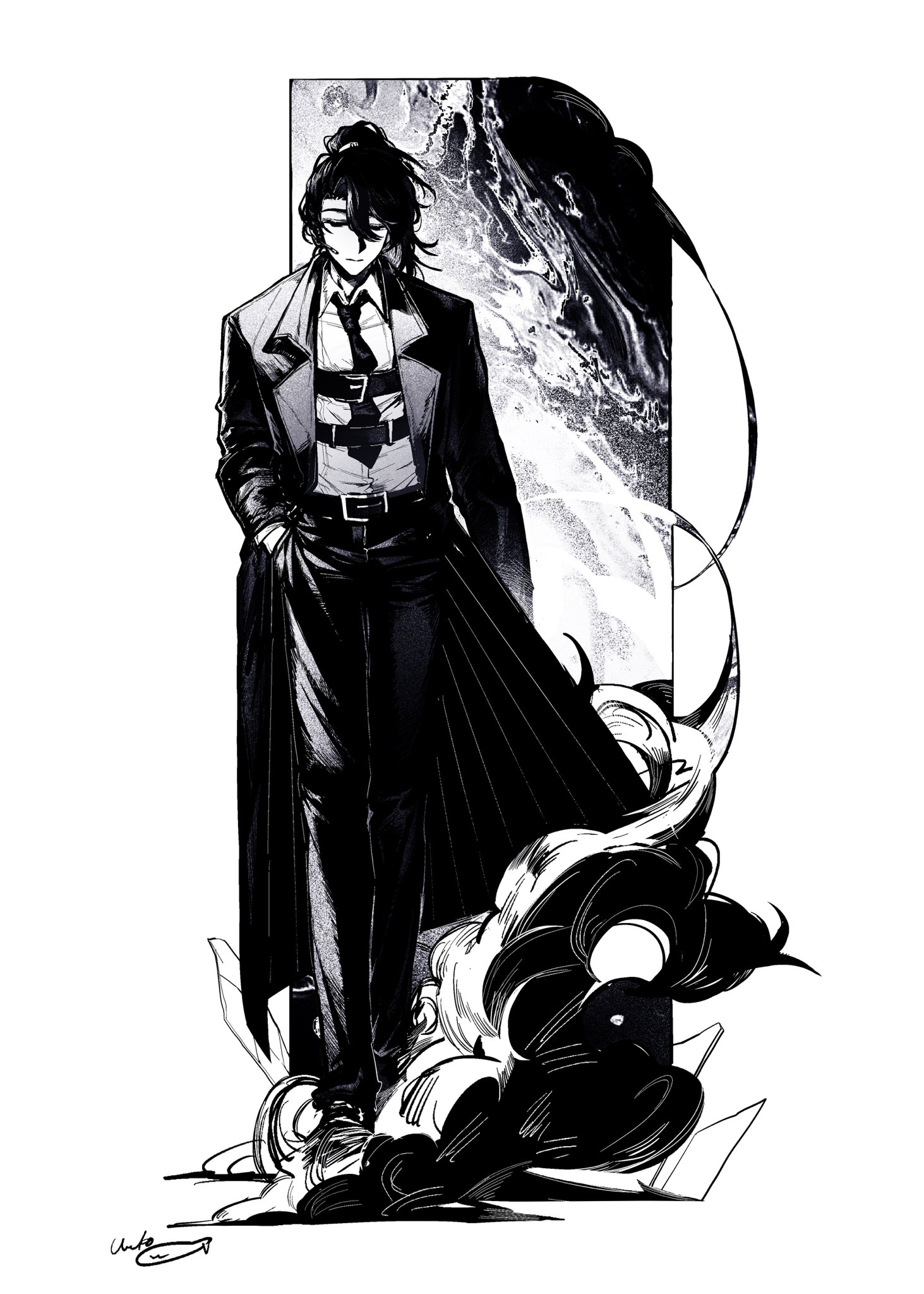 unako hiraeth, hong lu (project moon), limbus company, project moon, highres, 1boy, belt, chest harness, closed mouth, coat, collared shirt, earpiece, full-stop office (identity) (project moon), full body, greyscale, hair between eyes, hand in pocket, hands in pockets, harness, high ponytail, lapels, looking down, male focus, medium hair, monochrome, necktie, notched lapels, pants, ponytail, shirt, signature, smoke, solo, standing, walking, white background