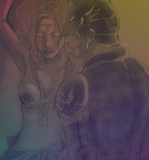 tozuki arinco, cain highwind, rosa farrell, final fantasy, final fantasy iv, 1990s (style), armor, arms up, bdsm, bondage, bound, breasts, cleavage, closed eyes, couple, helmet, long hair, midriff, tiara