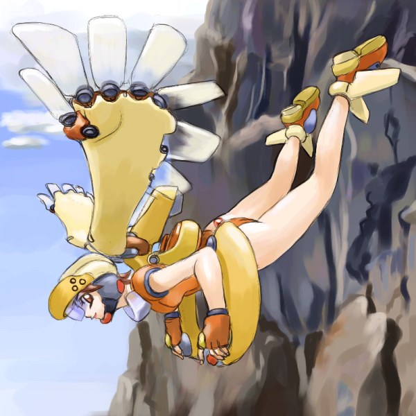 hirai yukio, original, archived source, bad link, 1girl, bare legs, blue sky, brown eyes, brown hair, closed mouth, cloud, day, diving, engineering nonsense, eyelashes, falling, full body, gloves, helmet, leotard, looking at viewer, mechanical wings, mountain, no pupils, orange gloves, orange leotard, orange shoes, orange sleeves, outdoors, profile, puffy short sleeves, puffy sleeves, shoes, short sleeves, sky, smile, wings, yellow helmet, yellow wings