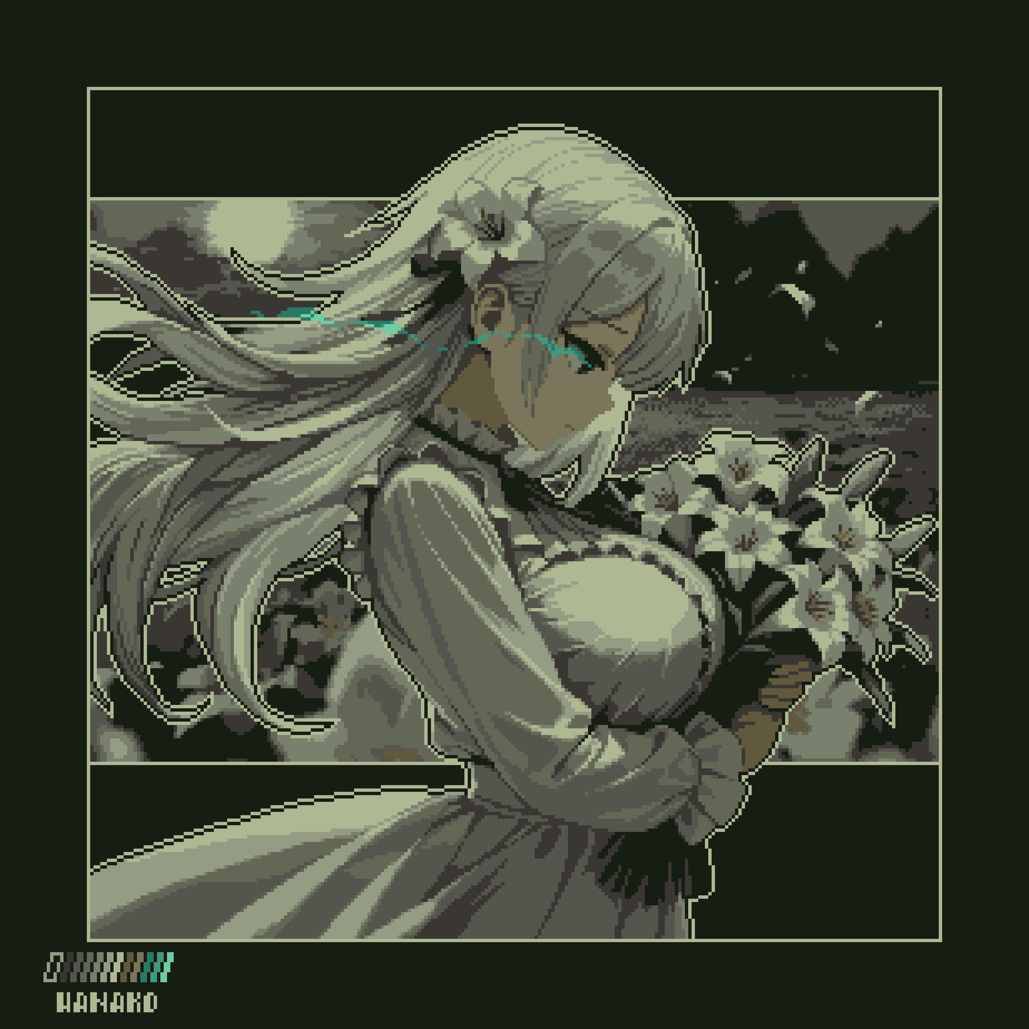 specialhanako, original, highres, 1girl, bouquet, dress, floating hair, flower, frilled wrist cuffs, frills, hair flower, hair ornament, holding, holding bouquet, long hair, petals, pixel art, sad, solo, white dress, white hair, white petals, wrist cuffs