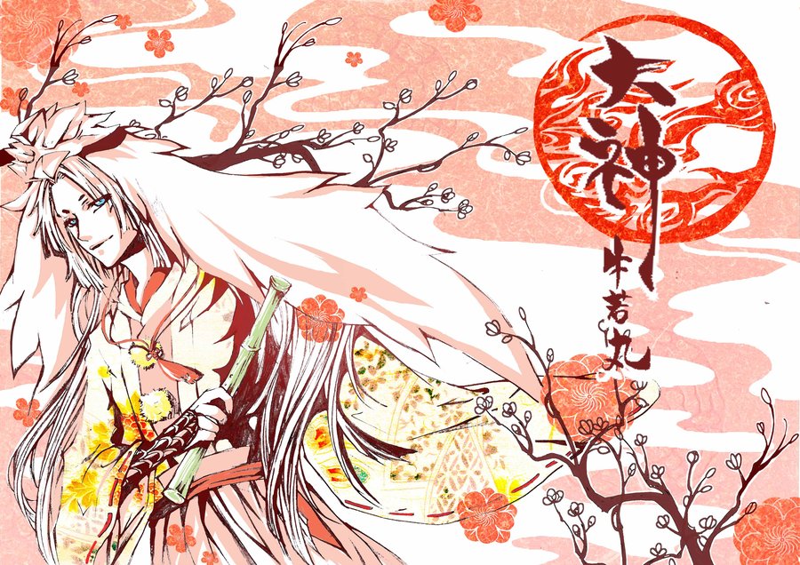 akuhen, ushiwakamaru (ookami), ookami (game), image sample, 1boy, blue eyes, cherry blossoms, flower, flower symbol, flute, gauntlets, helmet, instrument, japanese clothes, long hair, long sleeves, male focus, nature, sky, smile, solo, tasuki, tree, veil