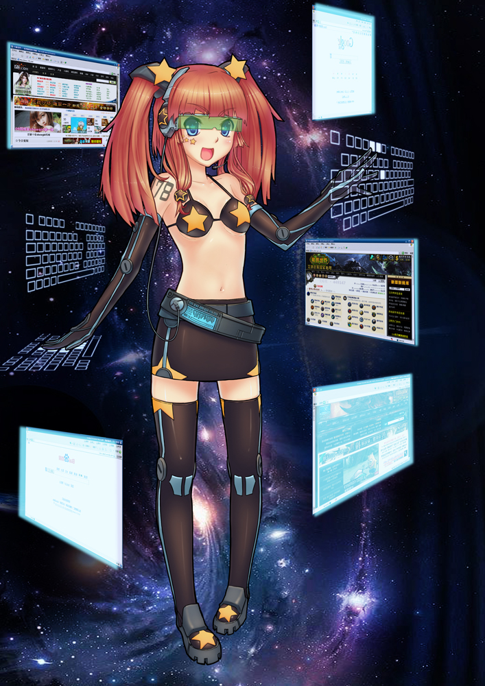 haoyuan, original, visor, 1girl, bikini, bikini top only, blue eyes, brown hair, elbow gloves, female focus, floating screen, gloves, holographic monitor, midriff, science fiction, skirt, solo, star (symbol), swimsuit, thighhighs, twintails
