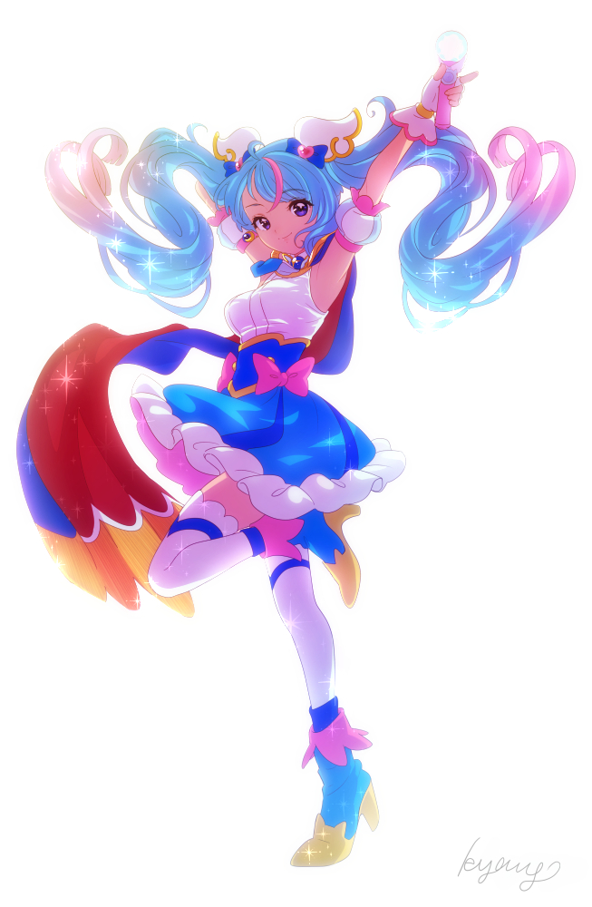 kyanos (b 0000ff), cure sky, sora harewataru, hirogaru sky! precure, precure, commentary, 1girl, aged up, ankle boots, arms up, artist name, backlighting, blue boots, blue cape, blue dress, blue eyes, blue hair, boots, bow, breasts, brooch, cape, closed mouth, cut bangs, detached sleeves, dress, dress bow, earrings, fingerless gloves, frilled dress, frills, fringe trim, gloves, gradient hair, hair ornament, high heel boots, high heels, holding, jewelry, leg up, long hair, looking at viewer, magical girl, multicolored hair, pink bow, pink hair, puffy detached sleeves, puffy sleeves, red cape, short dress, signature, simple background, single sidelock, sky mirage, sleeveless, sleeveless dress, small breasts, smile, solo, sparkle, standing, standing on one leg, streaked hair, thighhighs, twintails, two-sided cape, two-sided fabric, two-tone dress, two-tone hair, very long hair, white background, white dress, white gloves, white thighhighs, wing brooch, wing hair ornament