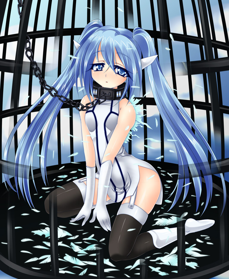 uni (hyper potato), nymph (sora no otoshimono), sora no otoshimono, bad id, bad pixiv id, 00s, 1girl, blue eyes, blue hair, cage, chain, chain leash, collar, elbow gloves, feathers, female focus, gloves, leash, matching hair/eyes, slave, solo, thighhighs, twintails, viewer holding leash, white gloves