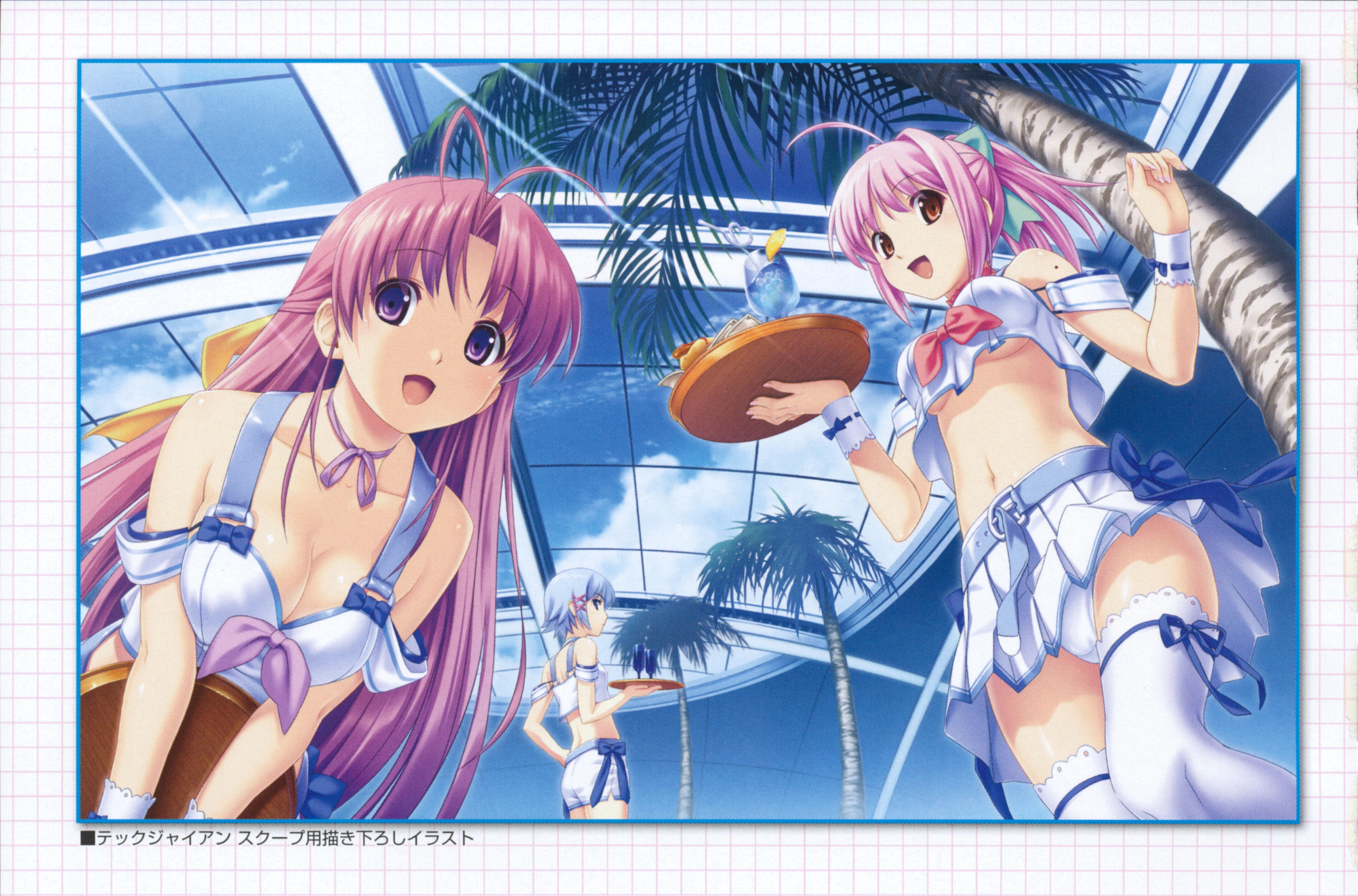 koutaro, aoi matsuri, himuro rikka, hinata hanabi, tropical kiss, absurdres, highres, scan, 10s, 3girls, ahoge, antenna hair, ass, belt, blue eyes, blue hair, breasts, choker, cleavage, crop top, crop top overhang, drink, from below, large breasts, leaning forward, long hair, looking down, midriff, multiple girls, navel, open mouth, palm tree, panties, pantyshot, pink hair, purple eyes, purple hair, red eyes, short hair, skirt, thighhighs, tray, tree, underboob, underwear, waitress