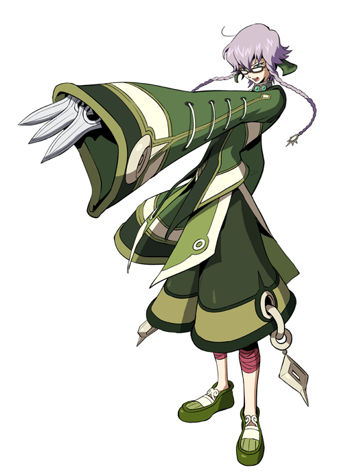 metronome (.hack//), .hack//, .hack//link, bandai, cyber connect 2, official art, 1boy, 1girl, ahoge, aqua eyes, bandages, braid, female focus, glasses, grey hair, knife, long sleeves, male focus, metronome, open mouth, purple hair, shoes, solo, turtleneck, twin braids, white background