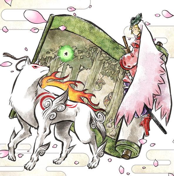 satsuki yuu (awairo), amaterasu (ookami), issun, ushiwakamaru (ookami), ookami (game), md5 mismatch, resolution mismatch, source larger, 1boy, animal, blonde hair, child, egasumi, flute, geta, hakama, hakama skirt, helmet, hiding, instrument, japanese clothes, katana, leaf, male focus, mask, nature, petals, rabbit, sandals, scroll, shippou (pattern), skirt, sword, tengu-geta, tree, weapon, wolf