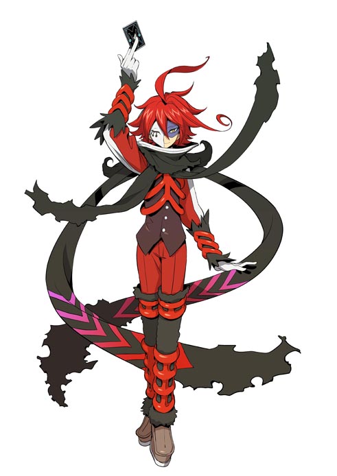 geist, geist (.hack//), .hack//, .hack//link, bandai, cyber connect 2, official art, 1boy, card, holding, holding card, male focus, mask, red hair, short hair, solo