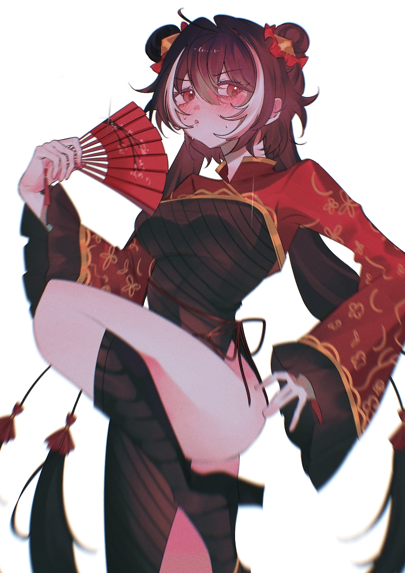 jia xichun (project moon), limbus company, project moon, commentary request, korean commentary, 1girl, akaneeeeee52, black boots, black hair, blush, boots, breasts, bun cover, chinese clothes, double bun, folding fan, hair bun, hand fan, high heel boots, high heels, holding, holding fan, medium breasts, multicolored hair, red eyes, simple background, solo, standing, standing on one leg, streaked hair, sweat, two-tone hair, white background, white hair