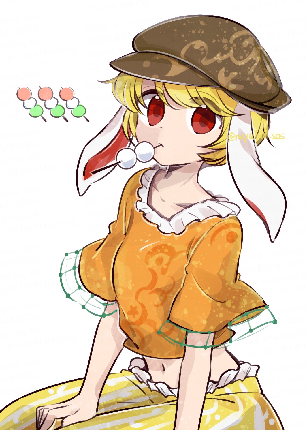 tama (hiroshige 36), ringo (touhou), touhou, commentary, highres, 1girl, blonde hair, brown hat, dango, flat cap, floppy ears, food, hat, looking at viewer, midriff, mouth hold, navel, orange shirt, pants, puffy short sleeves, puffy sleeves, red eyes, sanshoku dango, shirt, short hair, short sleeves, simple background, skewer, solo, striped clothes, striped pants, twitter username, vertical-striped clothes, vertical-striped pants, wagashi, white background, yellow pants