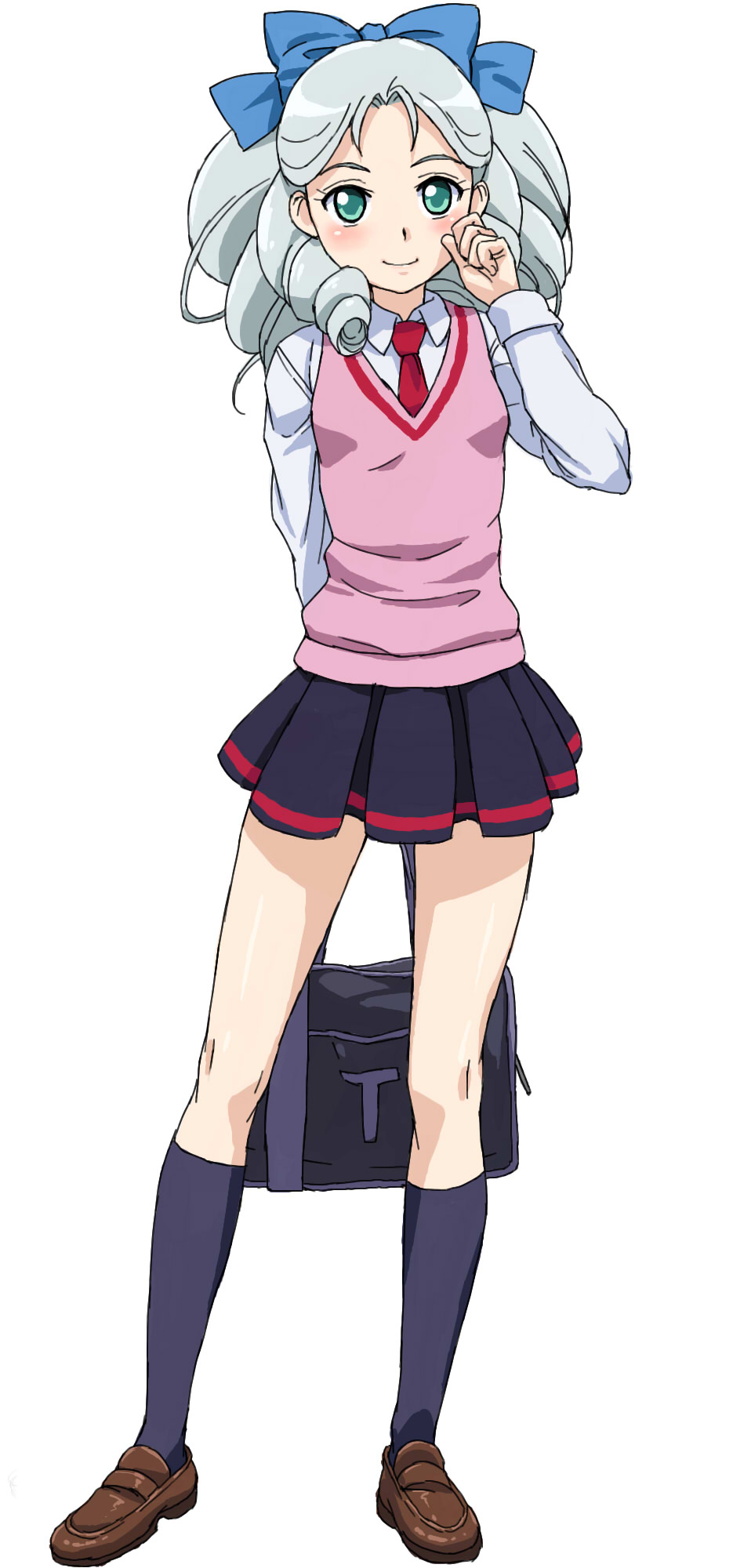 nigou, sawaragi kyouka, battle spirits, battle spirits: shounen toppa bashin, silver hair, highres, 00s, 1girl, bag, blue eyes, blue socks, blush, bow, drill hair, female focus, flat chest, full body, green eyes, hair bow, kneehighs, loafers, long hair, looking at viewer, necktie, pleated skirt, school bag, school uniform, shoes, simple background, skirt, smile, socks, solo, standing, sweater, sweater vest, vest