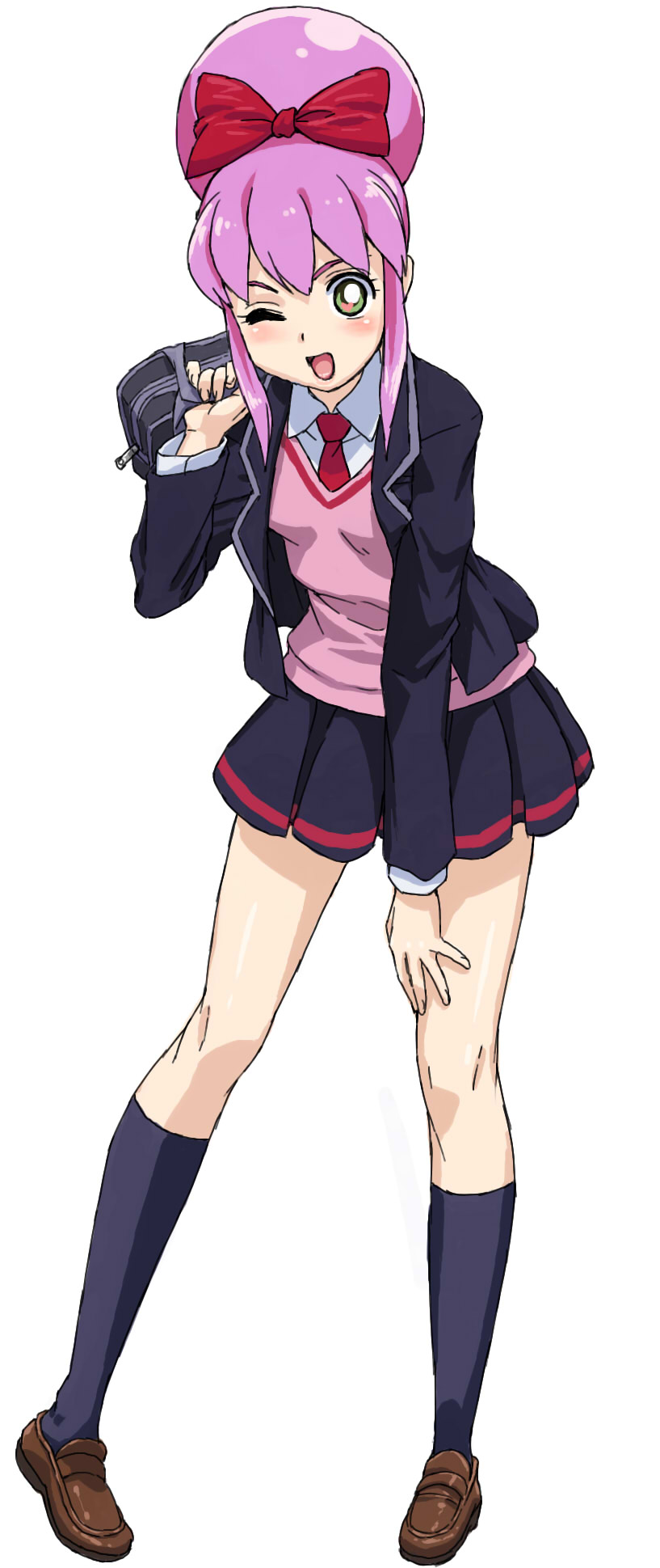 nigou, my sunshine, battle spirits, battle spirits: shounen toppa bashin, hand on thigh, highres, 00s, 1girl, ;d, bag, blazer, blue socks, blush, bow, female focus, flat chest, full body, green eyes, hair bow, hair bun, hand on own thigh, heart, heart-shaped pupils, holding, jacket, kneehighs, leaning forward, legs, loafers, looking at viewer, miniskirt, necktie, one eye closed, open clothes, open mouth, open shirt, over shoulder, pink hair, pleated skirt, school bag, school uniform, shirt, shoes, short hair, sidelocks, simple background, single hair bun, skirt, smile, socks, solo, standing, sweater, sweater vest, symbol-shaped pupils, wink, zipper