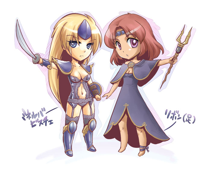souchi, final fantasy, final fantasy iv, 1990s (style), 2girls, blonde hair, blue eyes, breasts, brown hair, chibi, cleavage, female focus, long hair, midriff, monster girl, multiple girls, navel, purple eyes, retro artstyle, robe, short hair, sword, thighhighs, tiara, wand, weapon