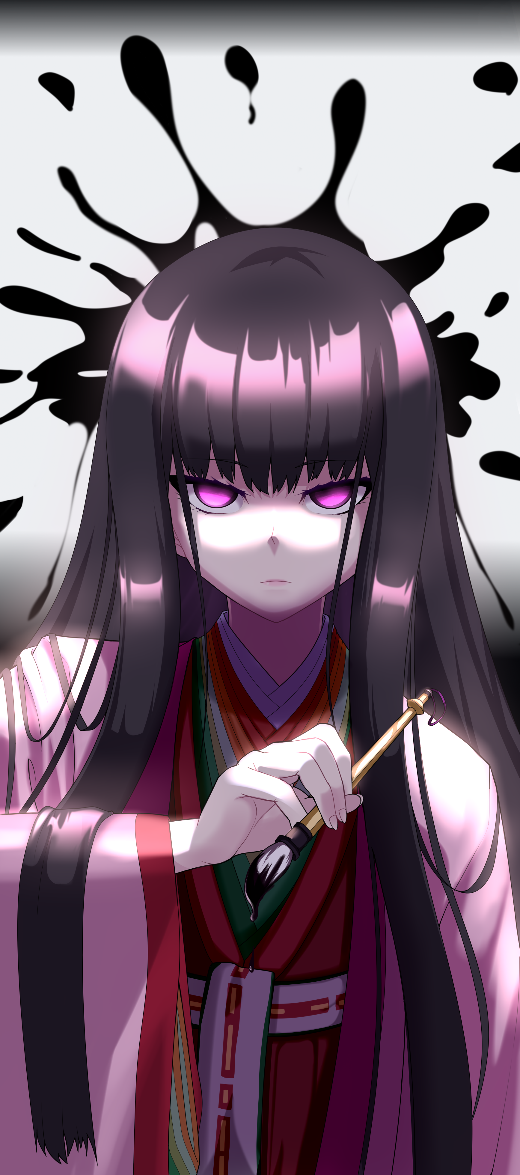 darkkin, murasaki shikibu (fate), murasaki shikibu (third ascension) (fate), fate/grand order, fate (series), absurdres, highres, 1girl, black hair, calligraphy brush, japanese clothes, kimono, layered kimono, long hair, long sleeves, looking at viewer, paintbrush, pink kimono, purple eyes, red kimono, sash, solo, very long hair, wide sleeves