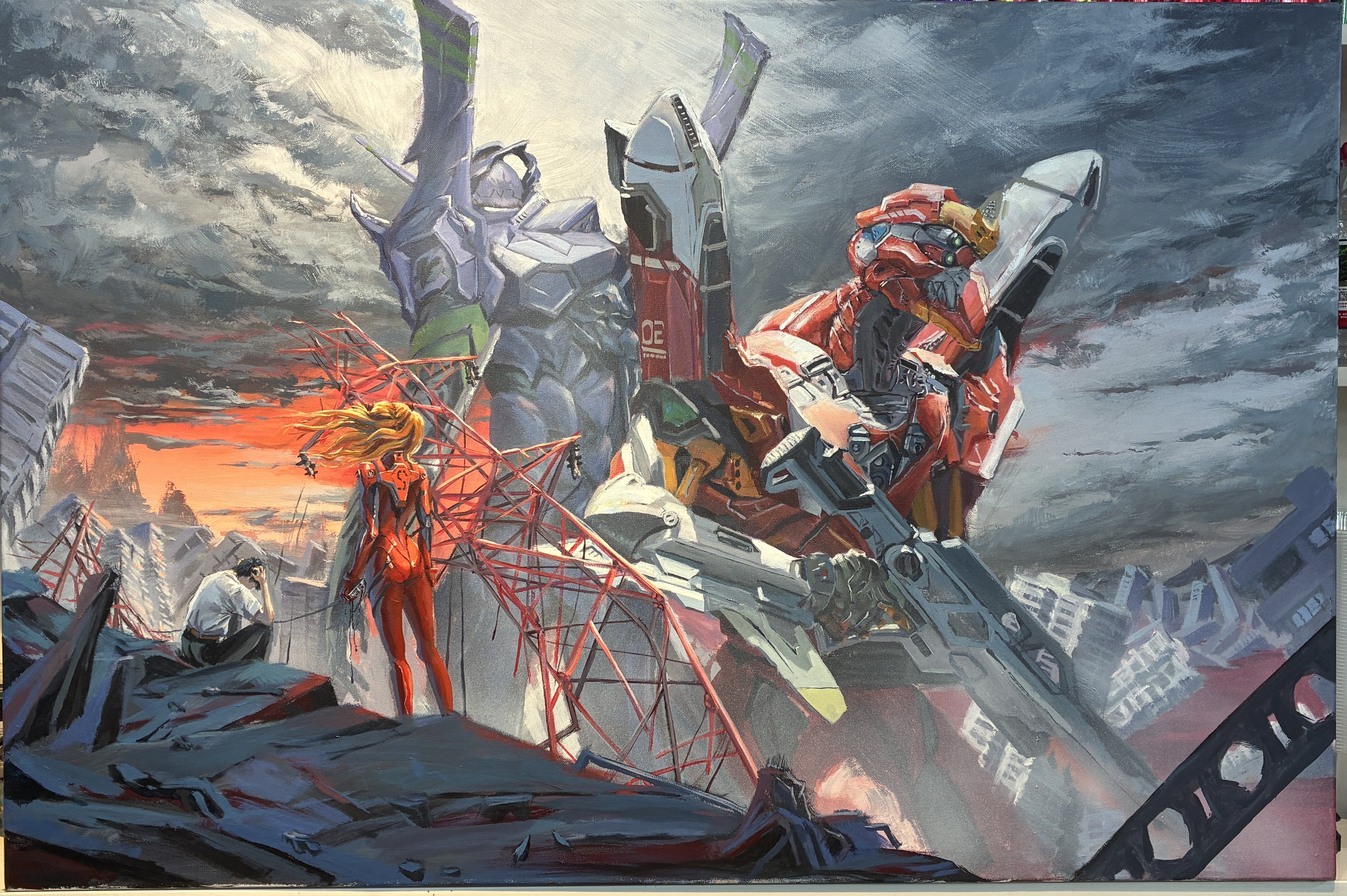 eva 01, eva 02, ikari shinji, souryuu asuka langley, neon genesis evangelion, absurdres, acrylic paint (medium), chinese commentary, commentary request, highres, painting (medium), traditional media, 1boy, 1girl, black hair, black pants, bodysuit, building, cloud, evangelion (mecha), hand on own head, lixia (acrylic painter), mecha, mecha pilot suit, orange hair, orange sky, outdoors, pallet rifle (evangelion), pants, plugsuit (evangelion), red bodysuit, robot, ruins, shirt, short sleeves, sky, super robot, transmission tower, white shirt