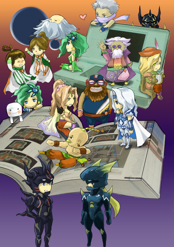 loverboyxxx, ryugue, cain highwind, cecil harvey, cid pollendina, demon wall, edward chris von muir, edward geraldine, fusoya, golbez, palom, porom, rosa farrell, rydia (ff4), tellah, whyt, yang fang leiden, final fantasy, final fantasy iv, nintendo, 1990s (style), armor, beard, blonde hair, blue eyes, book, braid, brown eyes, brown hair, cape, child, earrings, elbow gloves, everyone, facial hair, feathers, glasses, gloves, goggles, green eyes, green hair, grey hair, hair ornament, handheld game console, harp, hat, headband, helmet, instrument, jewelry, kicking, leotard, long hair, mask, moon, nintendo ds, ponytail, robe, short hair, shoulder pads, single braid, sitting, tiara, waving, white hair