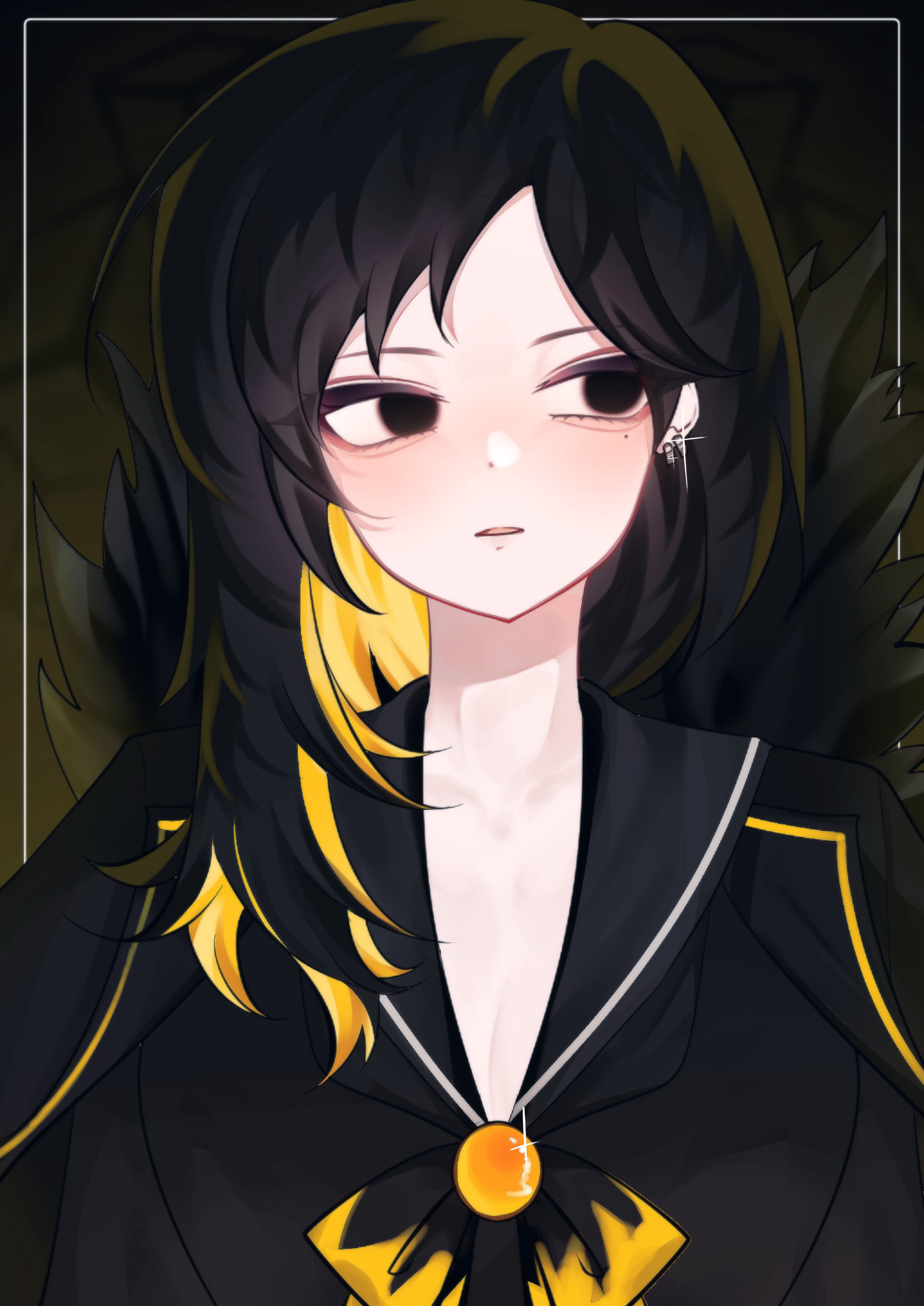 binah (project moon), library of ruina, project moon, absurdres, commentary, commentary request, english commentary, highres, korean commentary, mixed-language commentary, 1girl, aegyo sal, akaneeeeee52, black background, black eyes, black hair, blonde hair, dot nose, earrings, gradient background, inset border, jewelry, long hair, multicolored hair, open mouth, outside border, single earring, solo, streaked hair, upper body, yellow background